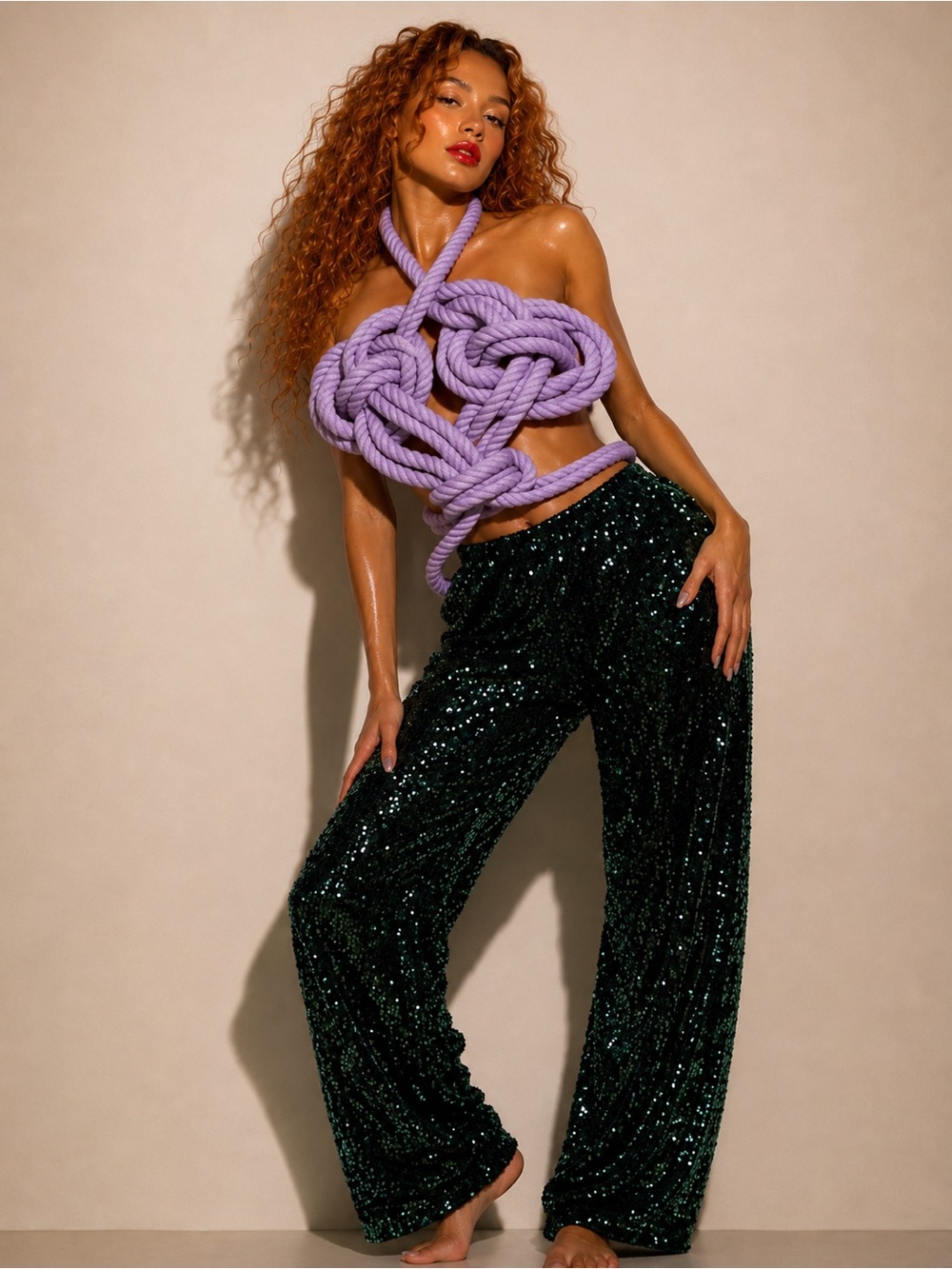 Emerald Sequin Wide-Leg Pants Set